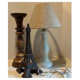 Set of 3 Home Decor Items: Table Lamp, Pier 1 Candle Holder & Eiffel Tower Statue