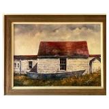 Framed Watercolor Print by Artist Bradleigh, Rural Landscape with Boat