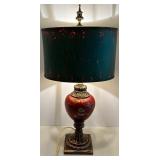 Vintage Table Lamp with Red Floral Base and Distressed Green Shade