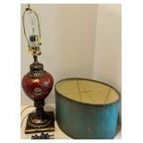 Vintage Table Lamp with Red Floral Base and Distressed Green Shade