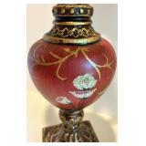 Vintage Table Lamp with Red Floral Base and Distressed Green Shade