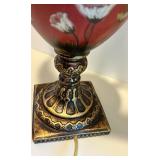 Vintage Table Lamp with Red Floral Base and Distressed Green Shade