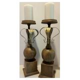 Pair of Decorative Wooden Candle Holders with Metal Accents