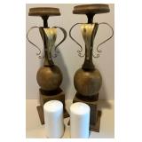 Pair of Decorative Wooden Candle Holders with Metal Accents