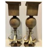 Pair of Decorative Wooden Candle Holders with Metal Accents