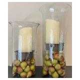 Pair of Decorative Glass Hurricanes with Faux Fruit and Candles