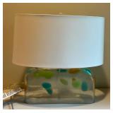 Glass Table Lamp with Colorful Patterned Glass Base and White Shade