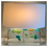 Glass Table Lamp with Colorful Patterned Glass Base and White Shade