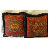 Pair of Decorative Throw Pillows with Fringe and Red Abstract Design
