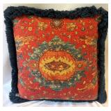 Pair of Decorative Throw Pillows with Fringe and Red Abstract Design