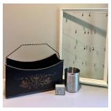 Collection of Decorative Items: Metal Magazine holder, Wine Sign, and Metal Cup