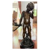 Bronze Sculpture of a Boy Holding Branch on Marble Base