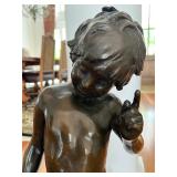 Bronze Sculpture of a Boy Holding Branch on Marble Base