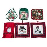 Vintage Handmade Embroidered Kitchen Sets // Placemats: 3 sets and matching table runner, 4 Pot Holders, 2 Christmas Aprons and 1 Hand Towel