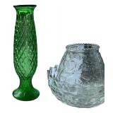 Votive Candle Holder and Vtg Green Glass EO Brody co #921 Quikt Diamond Bud Floral Vase