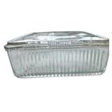 vintage Federal Glass ribbed square refrigerator dish with an embossed vegetable lid