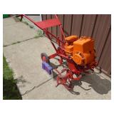 Vintage front tine tiller. Approx 4hp? Used condition. Tested & works. As shown.