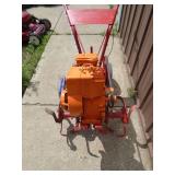Vintage front tine tiller. Approx 4hp? Used condition. Tested & works. As shown.