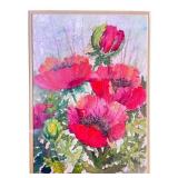 Framed Poppy Artwork, Flower Tile, and Decorative Lamp