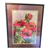Framed Poppy Artwork, Flower Tile, and Decorative Lamp