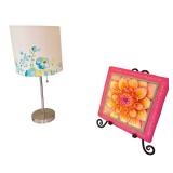 Framed Poppy Artwork, Flower Tile, and Decorative Lamp