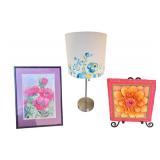 Framed Poppy Artwork, Flower Tile, and Decorative Lamp