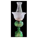 Vintage Green Glass Oil Lamp with Etched Clear Glass Shade