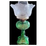 Vintage Green Glass Oil Lamp with Etched Clear Glass Shade