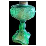 Vintage Green Glass Oil Lamp with Etched Clear Glass Shade