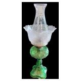 Vintage Green Glass Oil Lamp with Etched Clear Glass Shade