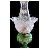 Vintage Green Glass Oil Lamp with Etched Clear Glass Shade