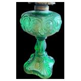 Vintage Green Glass Oil Lamp with Etched Clear Glass Shade