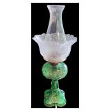Vintage Green Glass Oil Lamp with Etched Clear Glass Shade