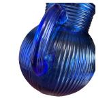 Vintage Cobalt Blue Glass Pitcher with Ribbed Design