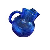 Vintage Cobalt Blue Glass Pitcher with Ribbed Design