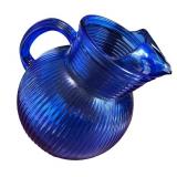 Vintage Cobalt Blue Glass Pitcher with Ribbed Design