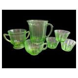 Vintage Green Depression Glass Set - Pitcher, Cups, and Bowls
