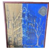 Abstract Blue and Gold Architecture Painting on Canvas