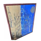Abstract Blue and Gold Architecture Painting on Canvas