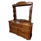 Solid Oak Dresser with Attached Mirror and Multiple Drawers