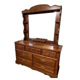 Solid Oak Dresser with Attached Mirror and Multiple Drawers