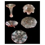 Set of 5 Pink Depression Glass Pieces - Plates, Compote, Vase