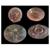 Set of 4 Vintage Pink Glass Plates with Floral and Swirl Designs