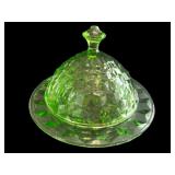 Collection of Intricate Green Depression Glassware with Butter Dish and Biscuit Jar