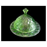 Collection of Intricate Green Depression Glassware with Butter Dish and Biscuit Jar