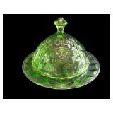 Collection of Intricate Green Depression Glassware with Butter Dish and Biscuit Jar