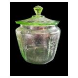 Collection of Intricate Green Depression Glassware with Butter Dish and Biscuit Jar