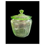 Collection of Intricate Green Depression Glassware with Butter Dish and Biscuit Jar