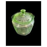 Collection of Intricate Green Depression Glassware with Butter Dish and Biscuit Jar