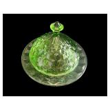 Collection of Intricate Green Depression Glassware with Butter Dish and Biscuit Jar